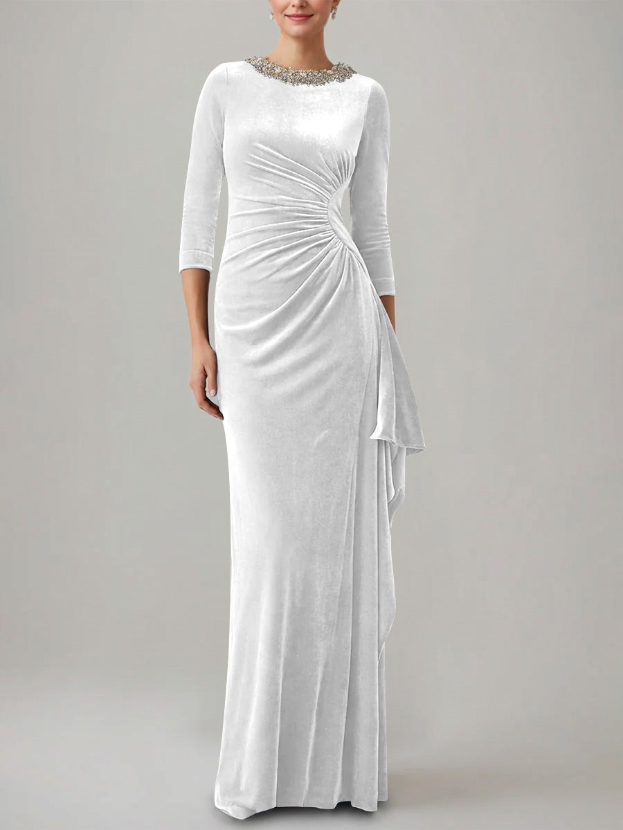 Sheath Column Jewel Neck Velvet Mother Of The Bride Dresses 3 4 Sleeves Floor Length Ruched