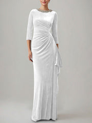 Sheath/Column Jewel Neck Velvet Mother of the Bride Dresses 3/4 Sleeves Floor-Length Ruched