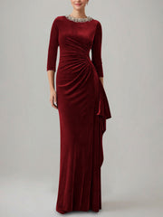 Sheath/Column Jewel Neck Velvet Mother of the Bride Dresses 3/4 Sleeves Floor-Length Ruched