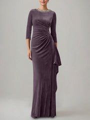 Sheath Column Jewel Neck Velvet Mother Of The Bride Dresses 3 4 Sleeves Floor Length Ruched