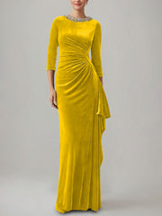 Sheath Column Jewel Neck Velvet Mother Of The Bride Dresses 3 4 Sleeves Floor Length Ruched