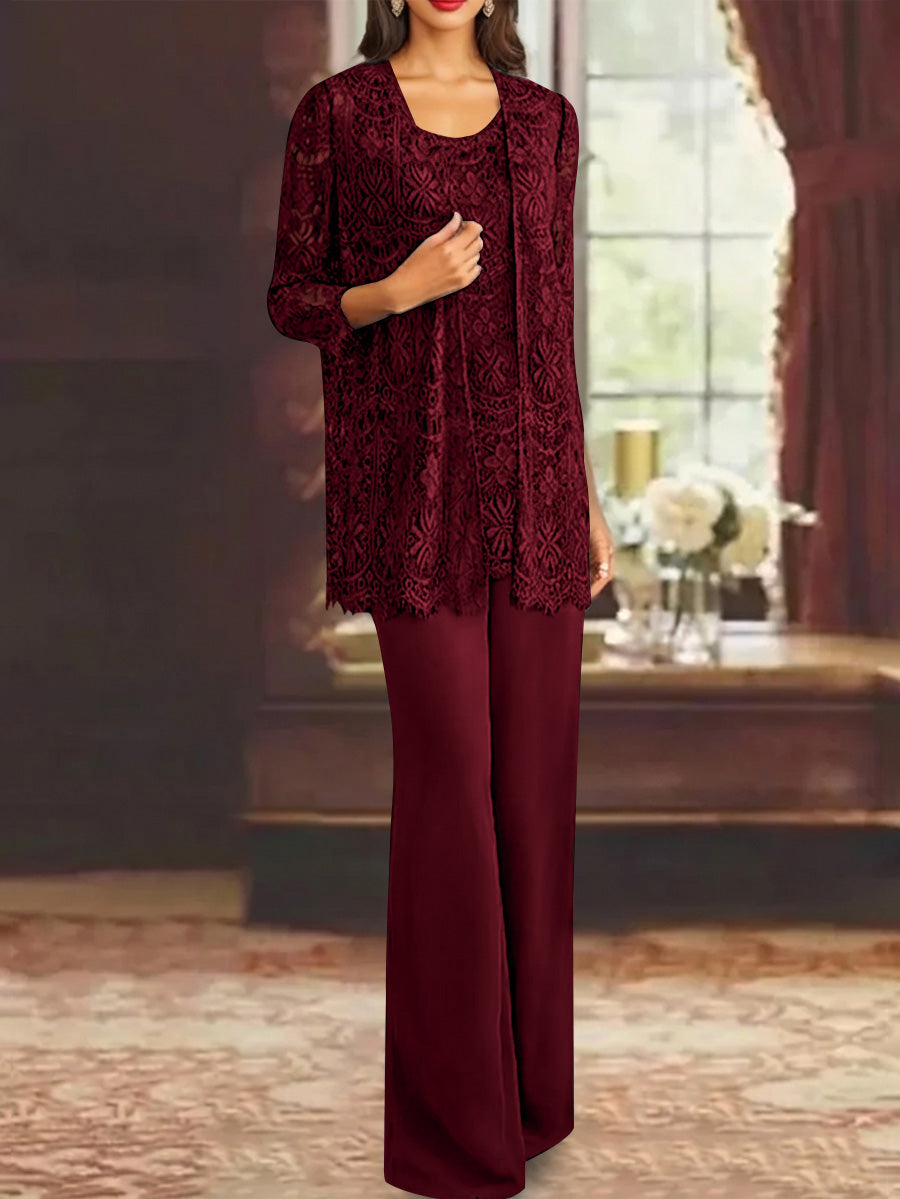 Chiffon Lace Scoop Ankle Length Mother Of The Bride Pantsuits With Jacket