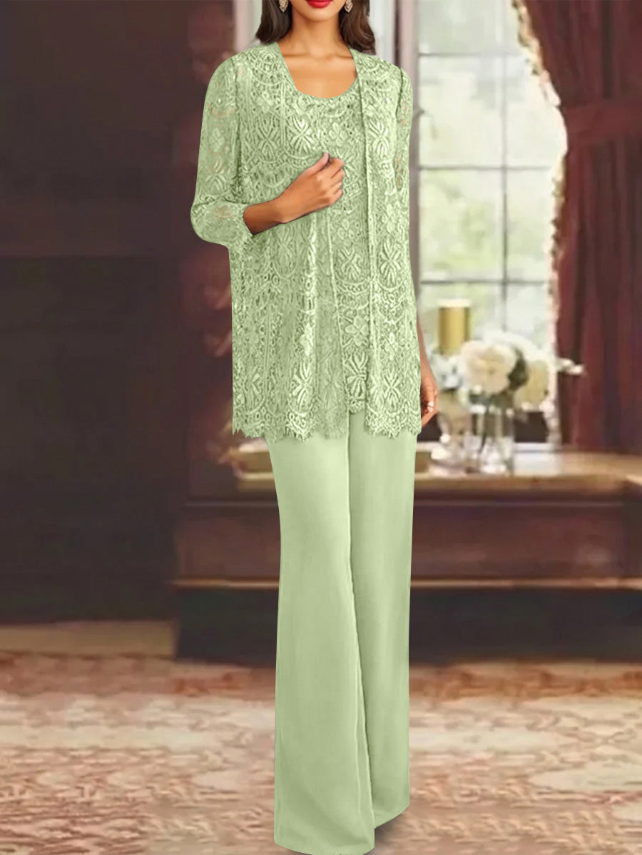 Chiffon Lace Scoop Ankle Length Mother Of The Bride Pantsuits With Jacket