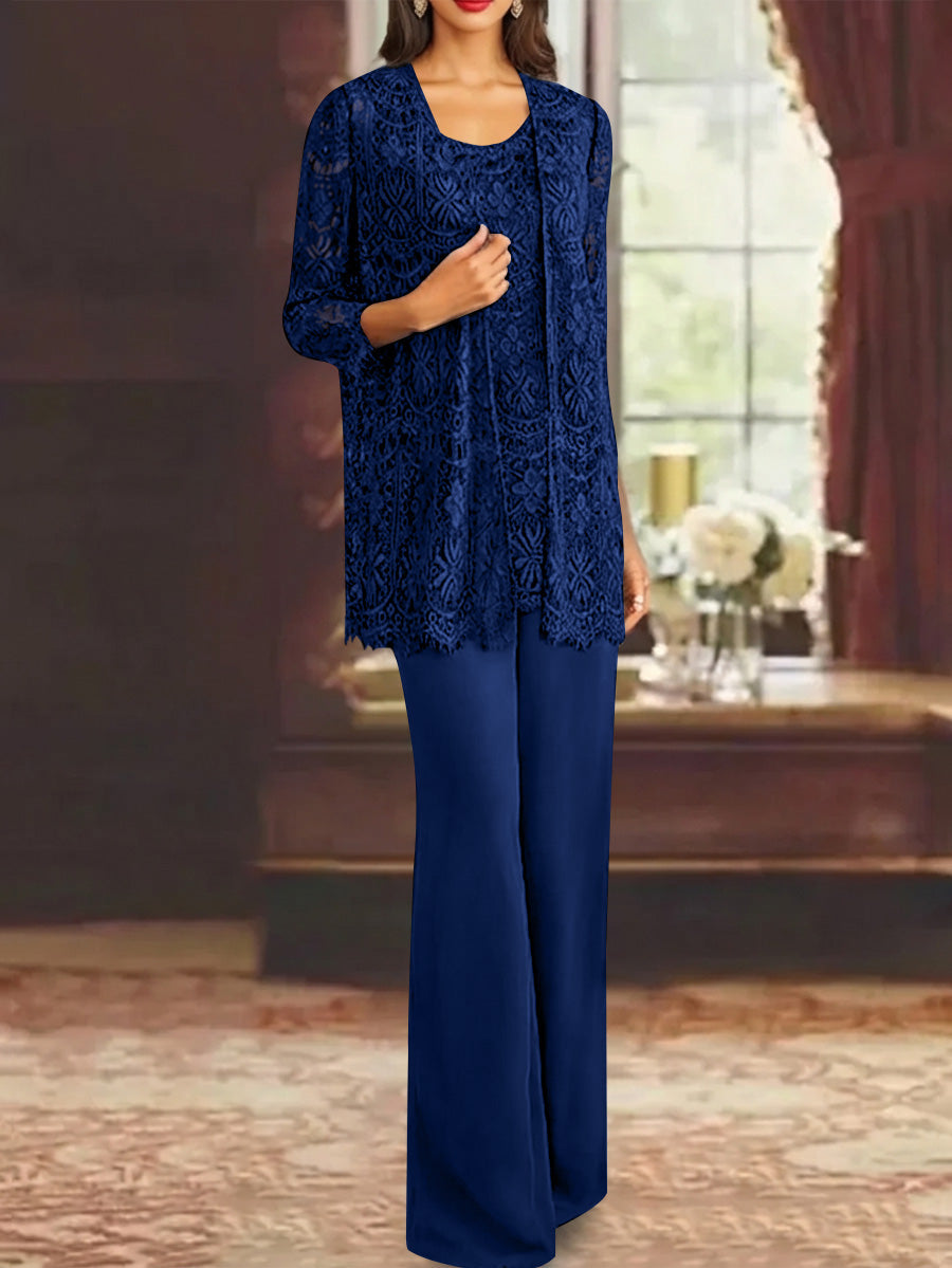 Chiffon Lace Scoop Ankle Length Mother Of The Bride Pantsuits With Jacket