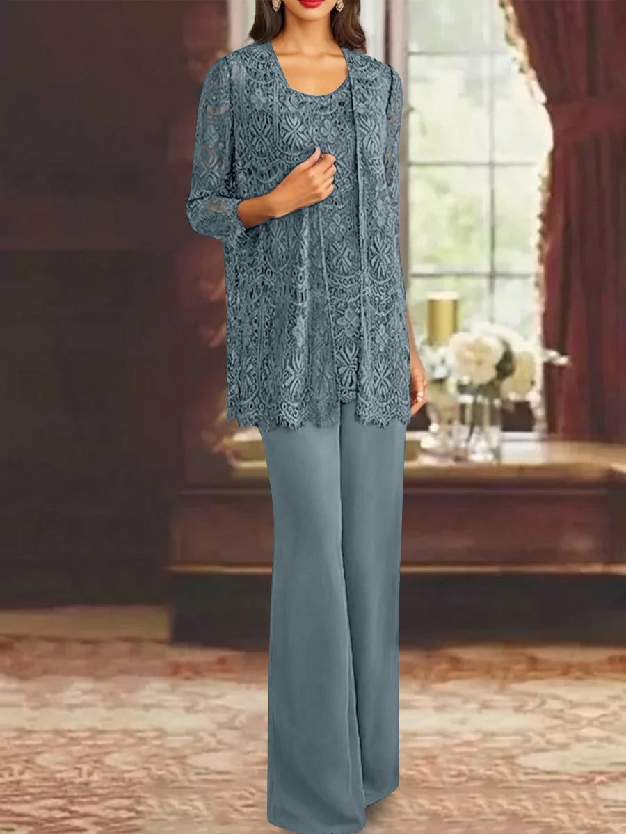 Chiffon Lace Scoop Ankle Length Mother Of The Bride Pantsuits With Jacket