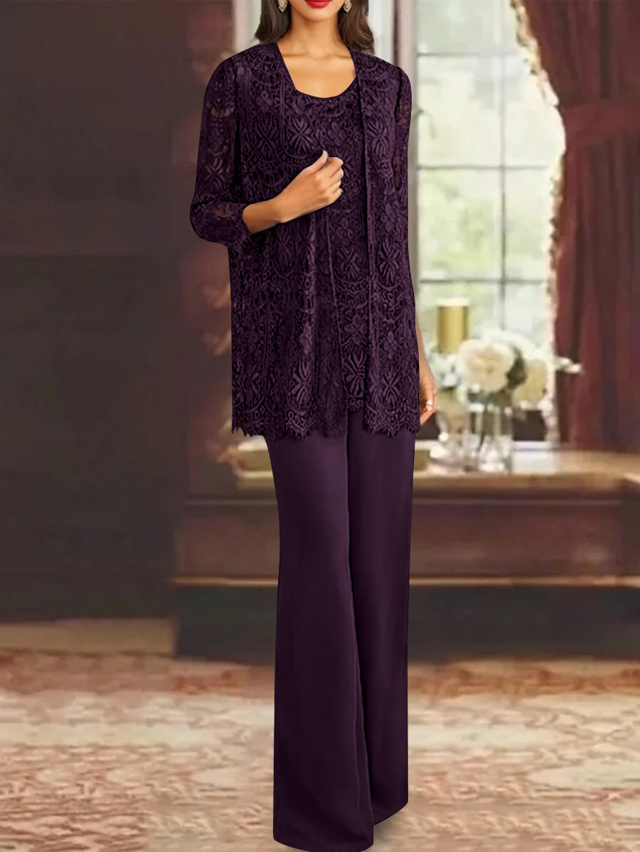 Chiffon Lace Scoop Ankle Length Mother Of The Bride Pantsuits With Jacket