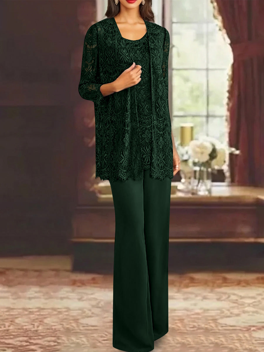 Chiffon Lace Scoop Ankle Length Mother Of The Bride Pantsuits With Jacket