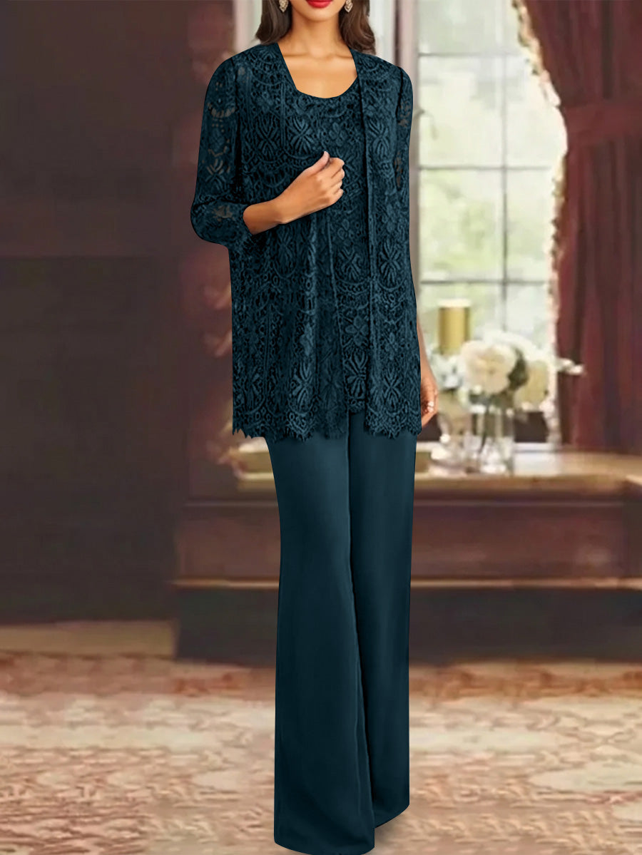 Chiffon Lace Scoop Ankle Length Mother Of The Bride Pantsuits With Jacket