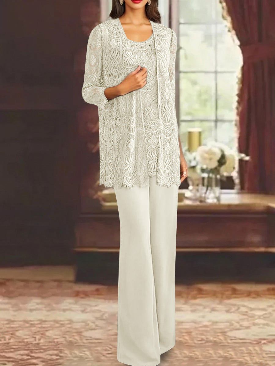 Chiffon Lace Scoop Ankle Length Mother Of The Bride Pantsuits With Jacket