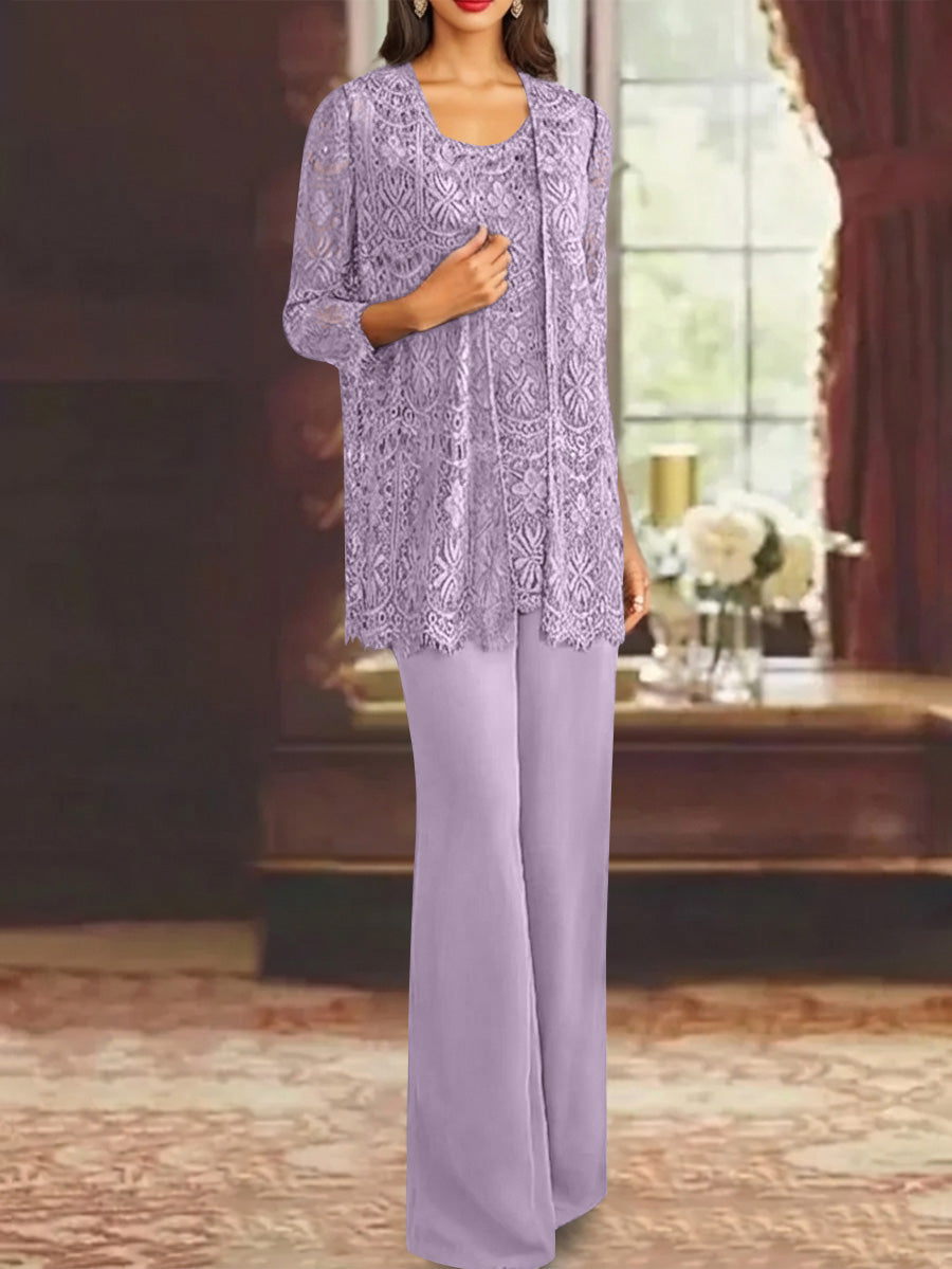Chiffon Lace Scoop Ankle Length Mother Of The Bride Pantsuits With Jacket