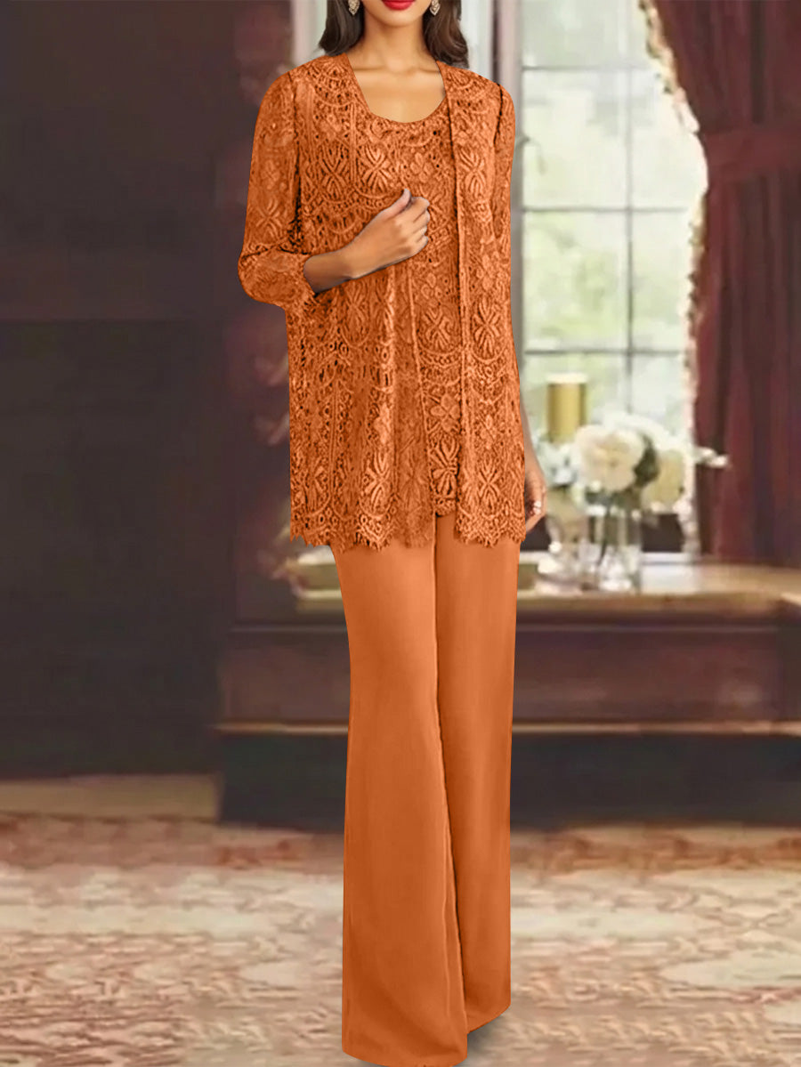 Chiffon Lace Scoop Ankle Length Mother Of The Bride Pantsuits With Jacket