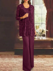 Chiffon Lace Scoop Ankle-Length Mother of the Bride Pantsuits with Jacket