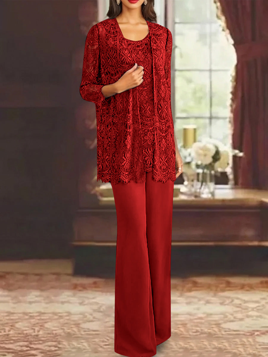 Chiffon Lace Scoop Ankle Length Mother Of The Bride Pantsuits With Jacket