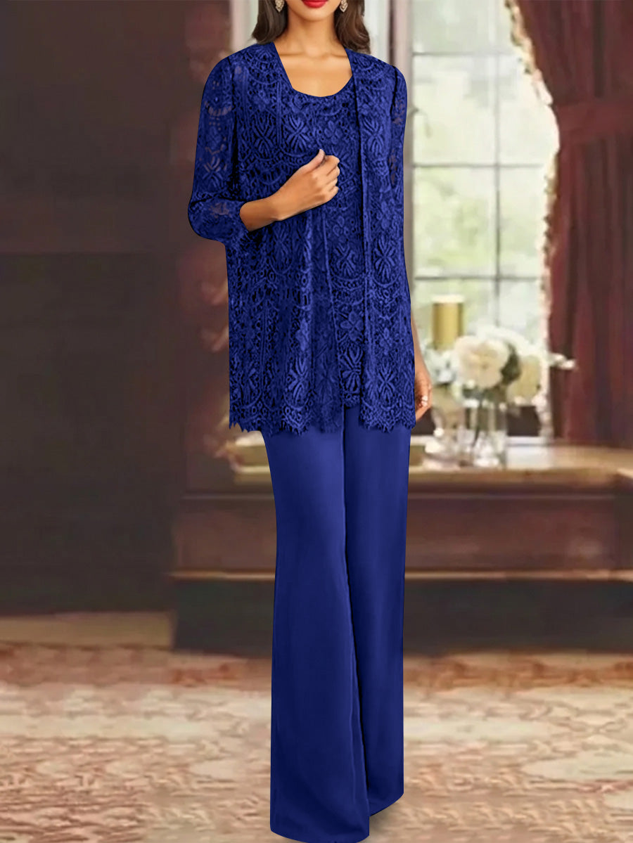 Chiffon Lace Scoop Ankle Length Mother Of The Bride Pantsuits With Jacket
