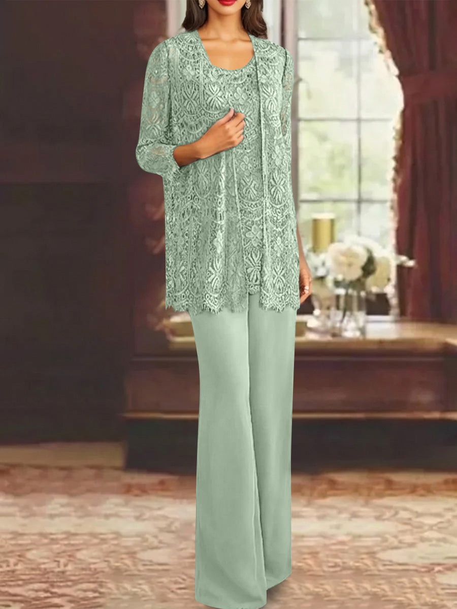 Chiffon Lace Scoop Ankle Length Mother Of The Bride Pantsuits With Jacket