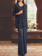Chiffon Lace Scoop Ankle-Length Mother of the Bride Pantsuits with Jacket