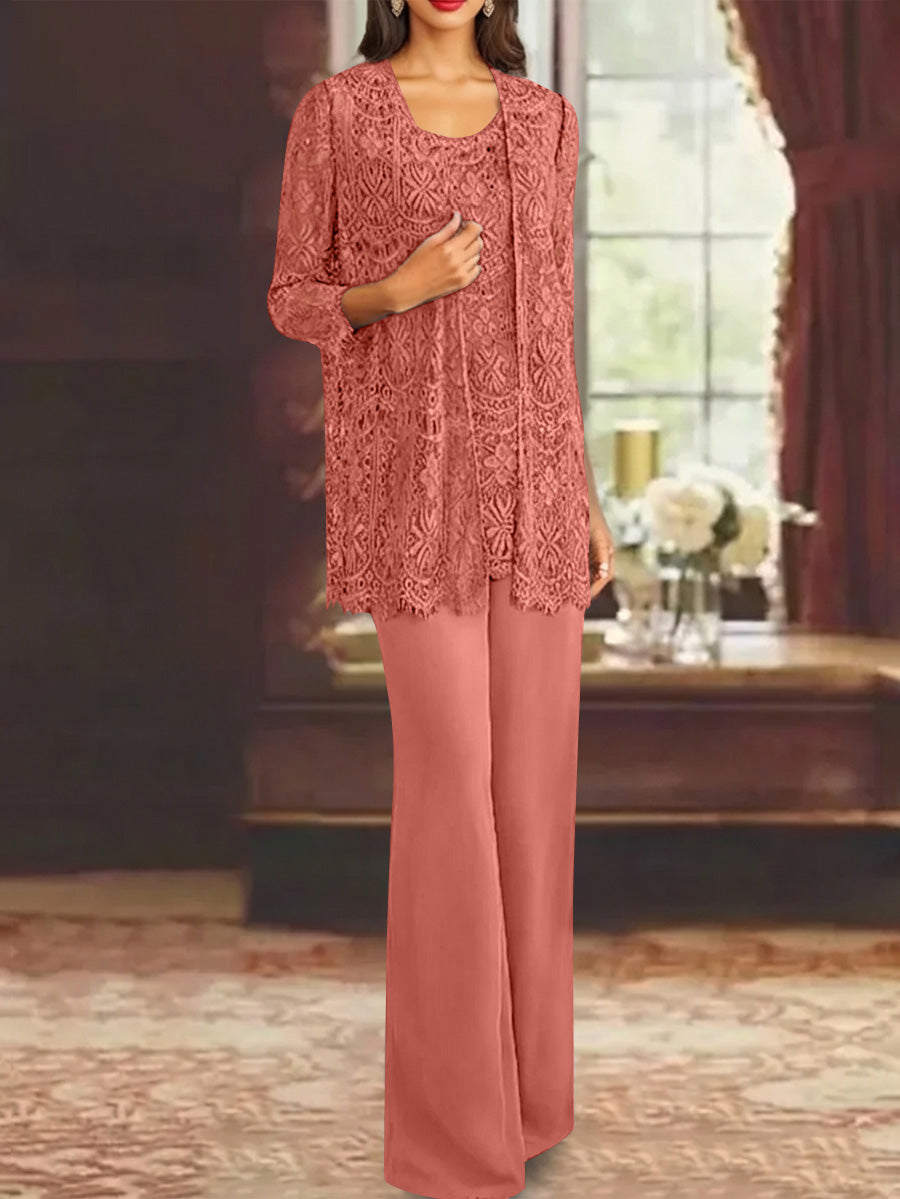 Chiffon Lace Scoop Ankle Length Mother Of The Bride Pantsuits With Jacket