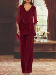 Chiffon V Neck Half Sleeves Mother Of The Bride Pantsuits With Ruffles Ankle Length