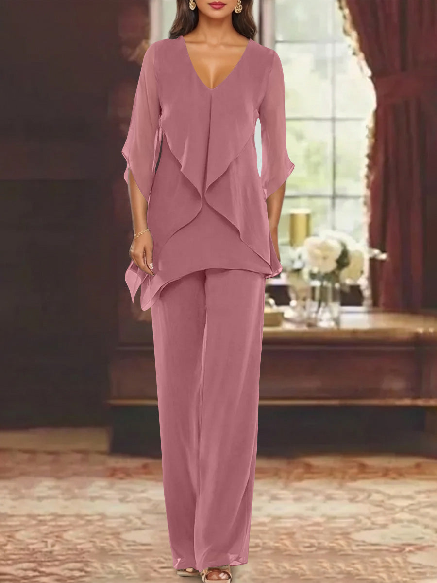 Chiffon V Neck Half Sleeves Mother Of The Bride Pantsuits With Ruffles Ankle Length