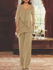 Chiffon V-Neck Half Sleeves Mother of the Bride Pantsuits with Ruffles Ankle-Length
