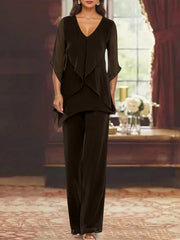 Chiffon V Neck Half Sleeves Mother Of The Bride Pantsuits With Ruffles Ankle Length