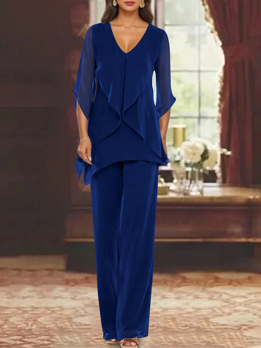 Chiffon V Neck Half Sleeves Mother Of The Bride Pantsuits With Ruffles Ankle Length