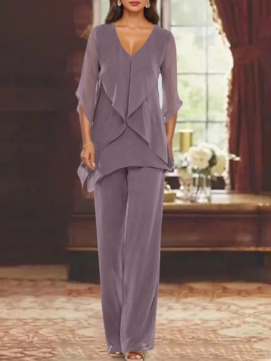 Chiffon V Neck Half Sleeves Mother Of The Bride Pantsuits With Ruffles Ankle Length