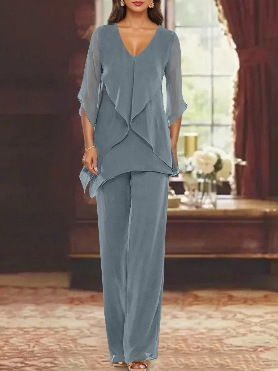 Chiffon V Neck Half Sleeves Mother Of The Bride Pantsuits With Ruffles Ankle Length