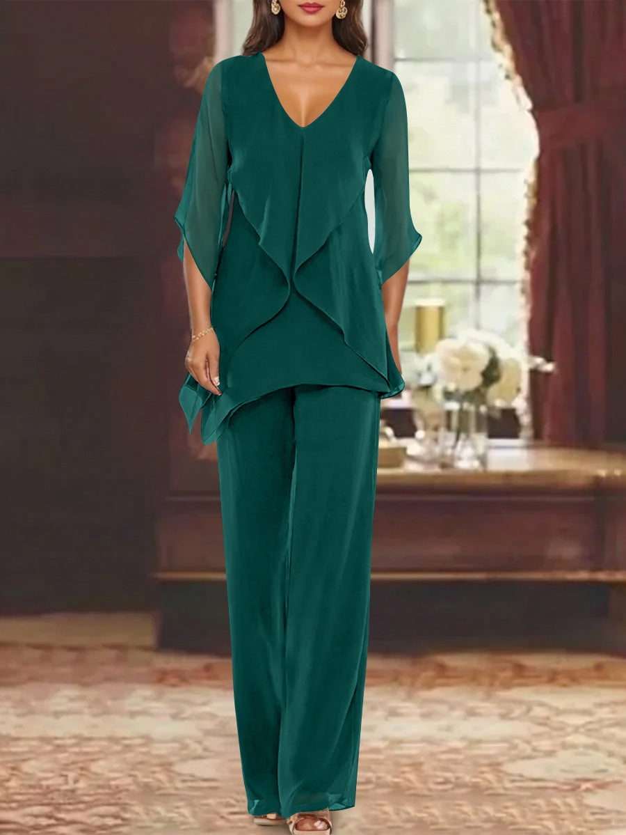 Chiffon V Neck Half Sleeves Mother Of The Bride Pantsuits With Ruffles Ankle Length