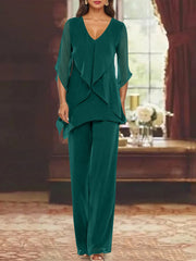 Chiffon V Neck Half Sleeves Mother Of The Bride Pantsuits With Ruffles Ankle Length