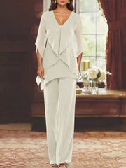 Chiffon V Neck Half Sleeves Mother Of The Bride Pantsuits With Ruffles Ankle Length