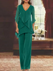 Chiffon V Neck Half Sleeves Mother Of The Bride Pantsuits With Ruffles Ankle Length
