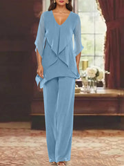 Chiffon V Neck Half Sleeves Mother Of The Bride Pantsuits With Ruffles Ankle Length