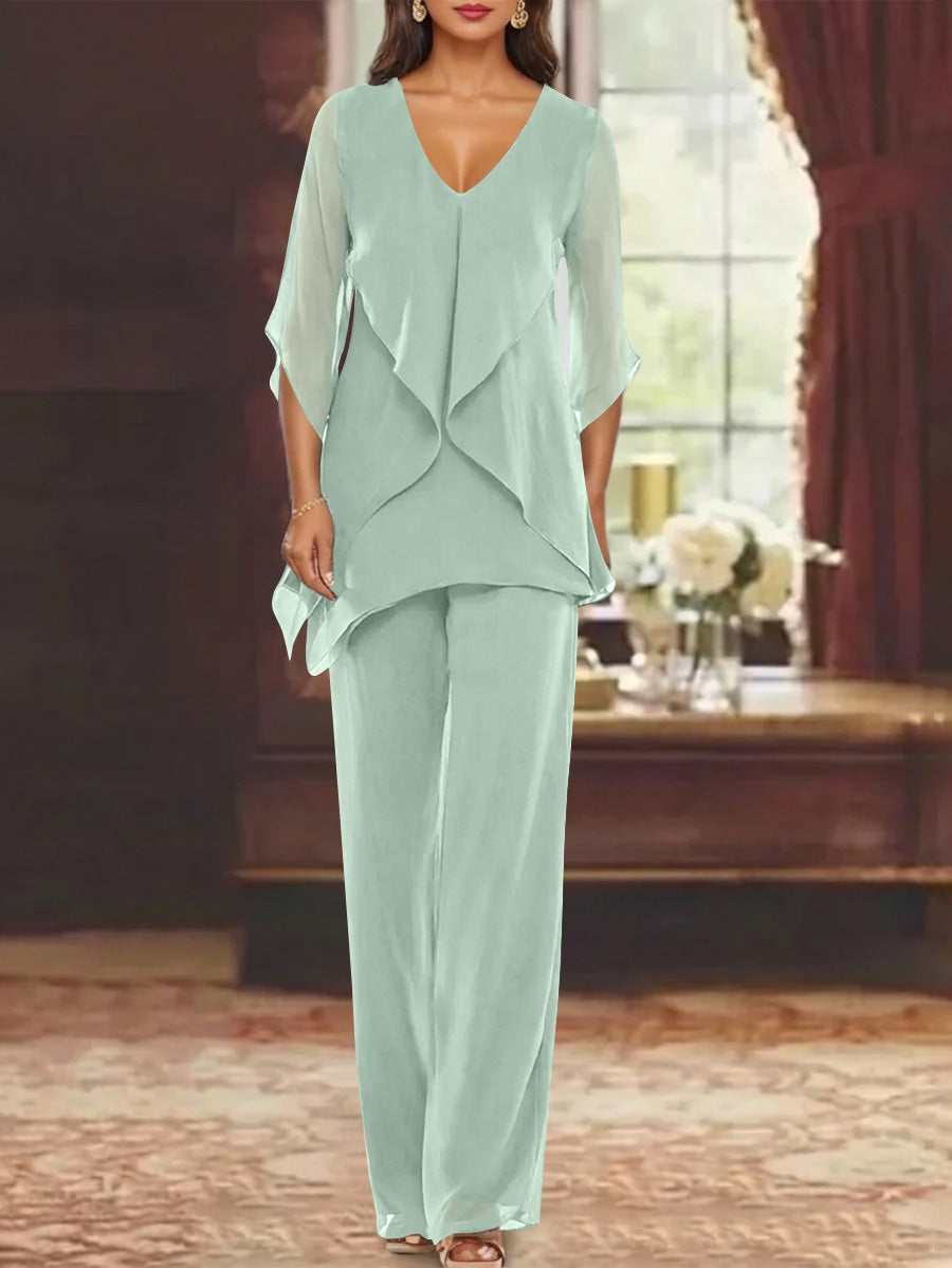 Chiffon V Neck Half Sleeves Mother Of The Bride Pantsuits With Ruffles Ankle Length