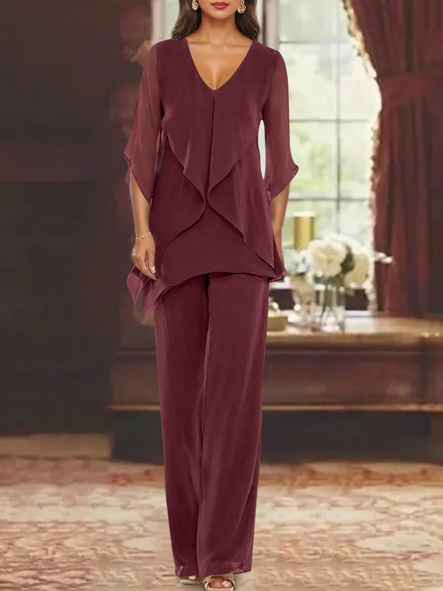Chiffon V Neck Half Sleeves Mother Of The Bride Pantsuits With Ruffles Ankle Length