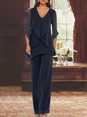 Chiffon V Neck Half Sleeves Mother Of The Bride Pantsuits With Ruffles Ankle Length