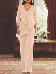 Chiffon V Neck Half Sleeves Mother Of The Bride Pantsuits With Ruffles Ankle Length