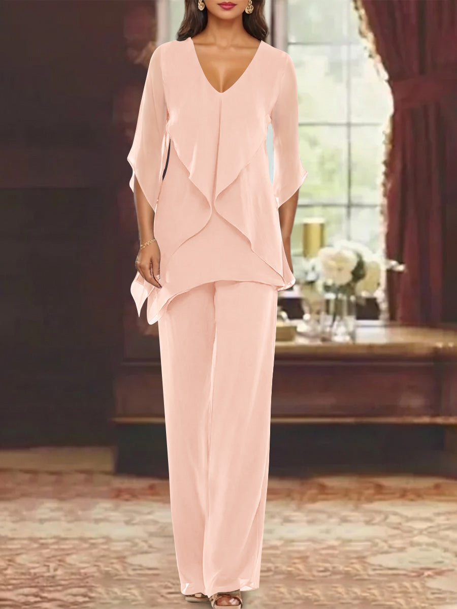 Chiffon V Neck Half Sleeves Mother Of The Bride Pantsuits With Ruffles Ankle Length