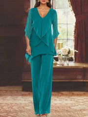 Chiffon V Neck Half Sleeves Mother Of The Bride Pantsuits With Ruffles Ankle Length