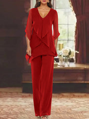 Chiffon V Neck Half Sleeves Mother Of The Bride Pantsuits With Ruffles Ankle Length