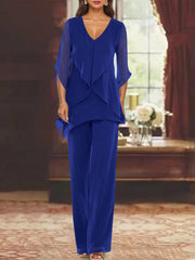 Chiffon V-Neck Half Sleeves Mother of the Bride Pantsuits with Ruffles Ankle-Length