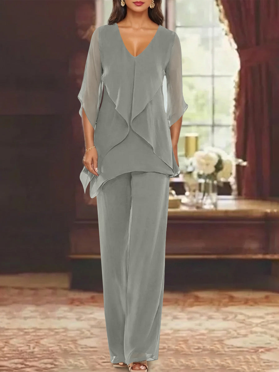Chiffon V Neck Half Sleeves Mother Of The Bride Pantsuits With Ruffles Ankle Length