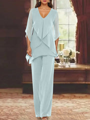 Chiffon V-Neck Half Sleeves Mother of the Bride Pantsuits with Ruffles Ankle-Length