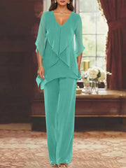 Chiffon V Neck Half Sleeves Mother Of The Bride Pantsuits With Ruffles Ankle Length
