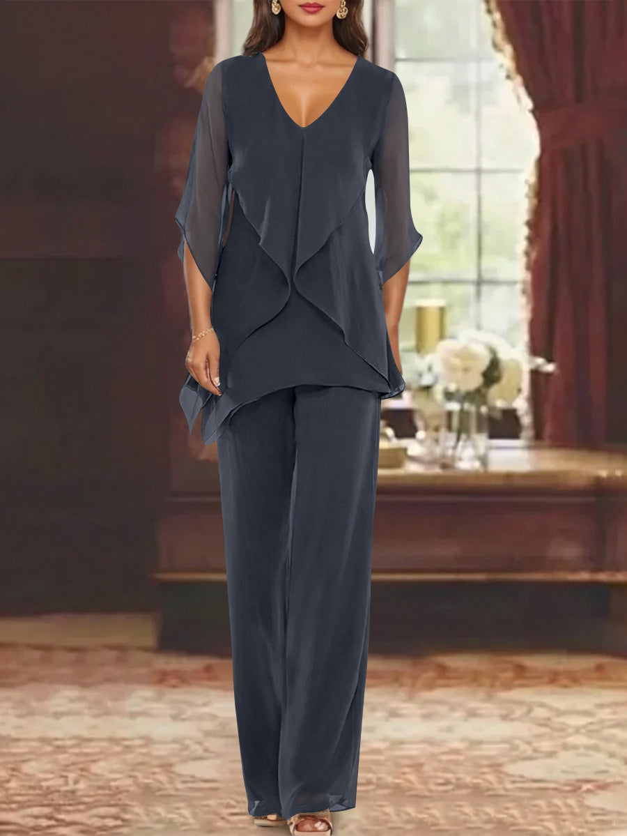 Chiffon V Neck Half Sleeves Mother Of The Bride Pantsuits With Ruffles Ankle Length