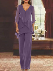 Chiffon V Neck Half Sleeves Mother Of The Bride Pantsuits With Ruffles Ankle Length