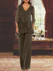 Chiffon V Neck Half Sleeves Mother Of The Bride Pantsuits With Ruffles Ankle Length