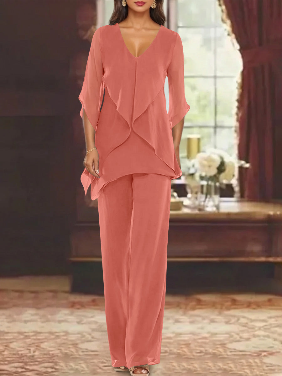 Chiffon V Neck Half Sleeves Mother Of The Bride Pantsuits With Ruffles Ankle Length