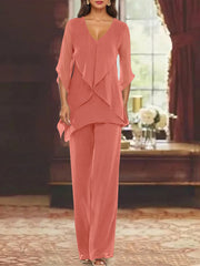 Chiffon V Neck Half Sleeves Mother Of The Bride Pantsuits With Ruffles Ankle Length