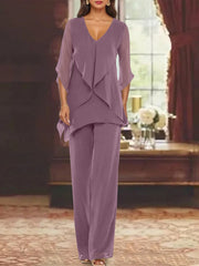 Chiffon V Neck Half Sleeves Mother Of The Bride Pantsuits With Ruffles Ankle Length